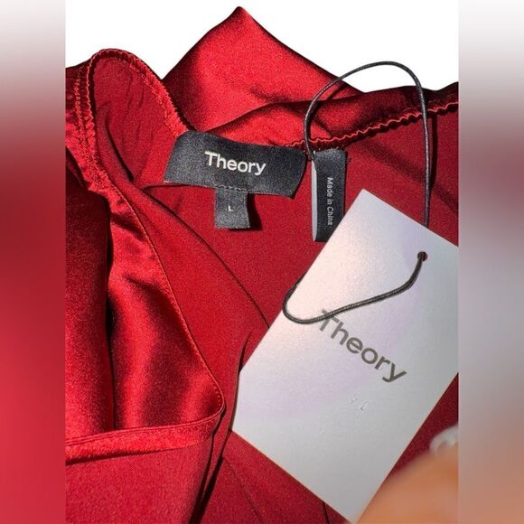 Theory NWT Ertil Convertible Cross Front Plunge Silk Halter Top Red Dahlia L - Picture 11 of 12